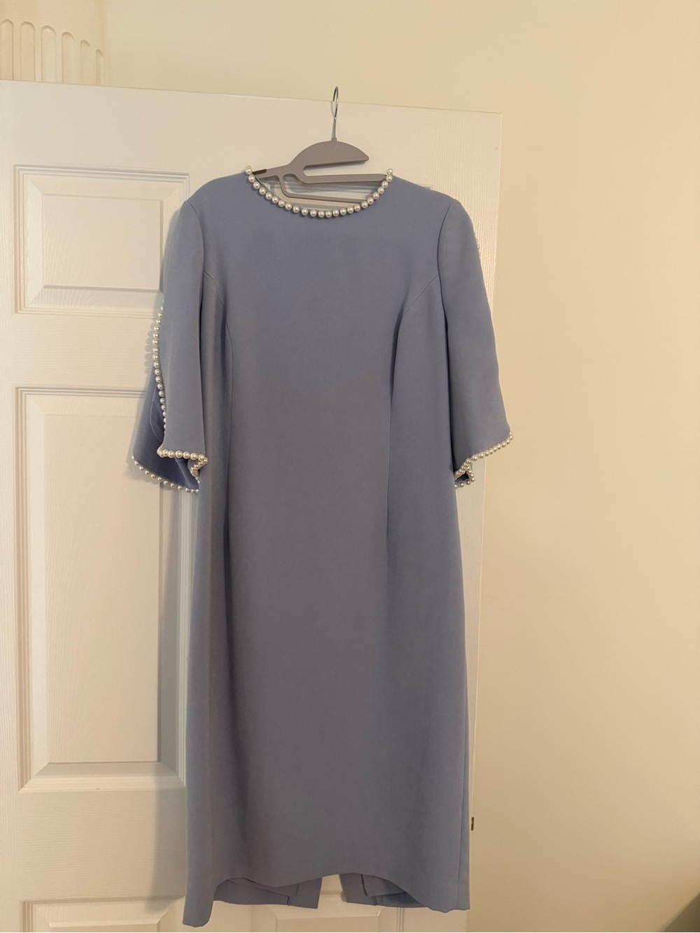 Teri Jon by Rickie Freeman short sleeve pearl trim crepe sheath dress light blue